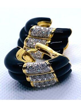 Charles Turi 18K Gold Diamond Black Stone Clip On Earrings